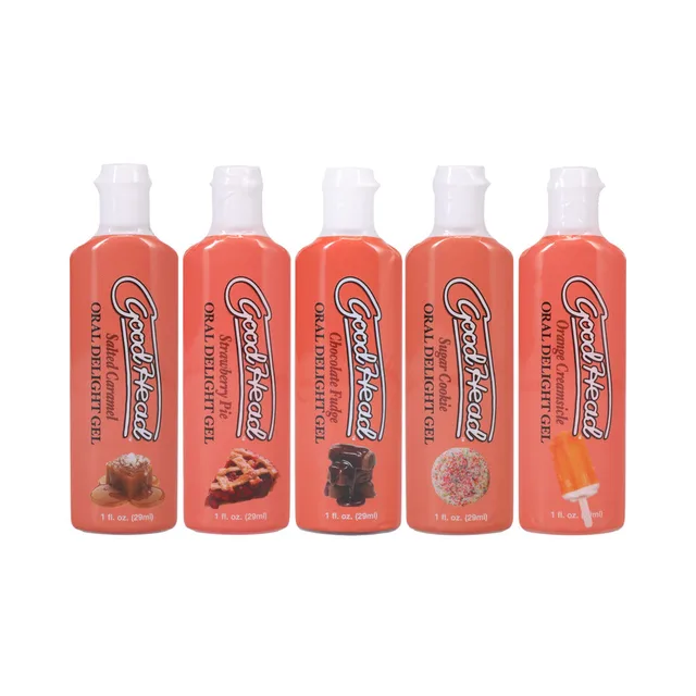 Five orange GoodHead 1 oz oral gel bottles in a row