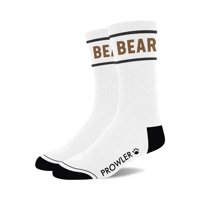 Prowler RED Bear white cotton crew socks pair with BEAR cuffs black stripes black heels and black toes
