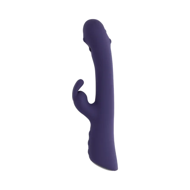 Left profile of purple vibrator with hooked side arm