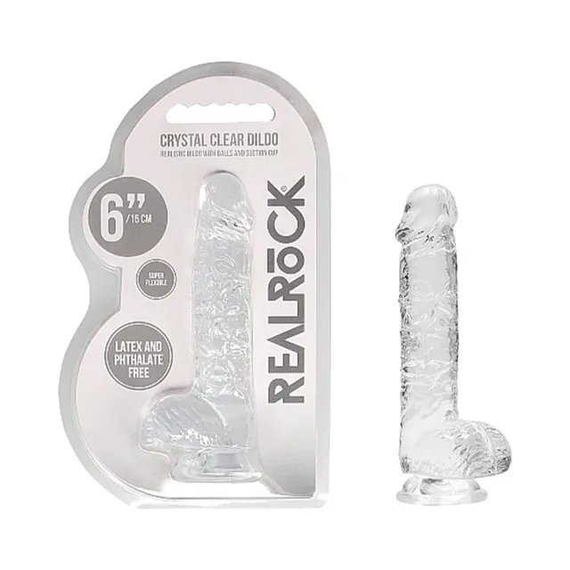 Clear RealRock Crystal Clear 6-inch dildo beside retail blister pack