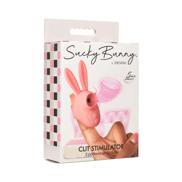 Shegasm Sucky Bunny light-pink clitoral stimulator with upright ears inside clear display box