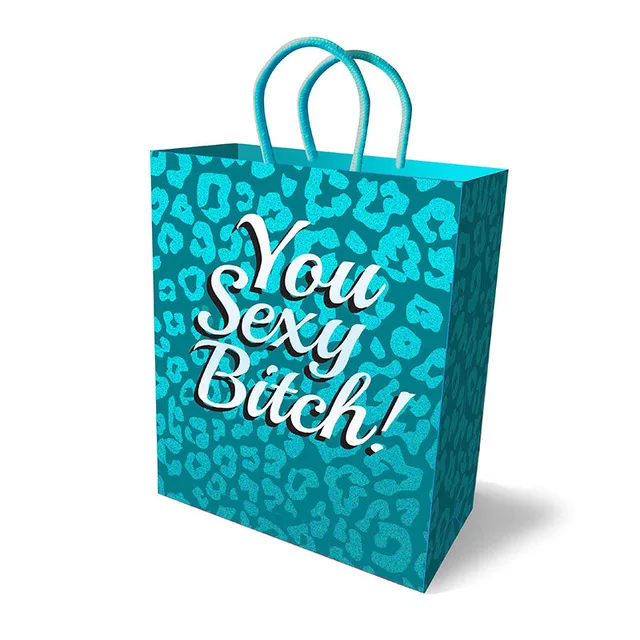 Little Genie teal gift bag leopard pattern, white script lettering and teal loop handles