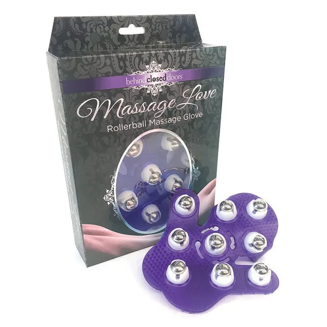 Behind Closed Doors purple massage glove with nine silver rollerballs beside box