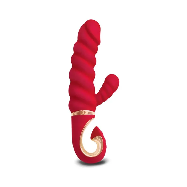 red GVibe Gcandy MINI with spiral-ribbed main shaft curved tip and gold accents