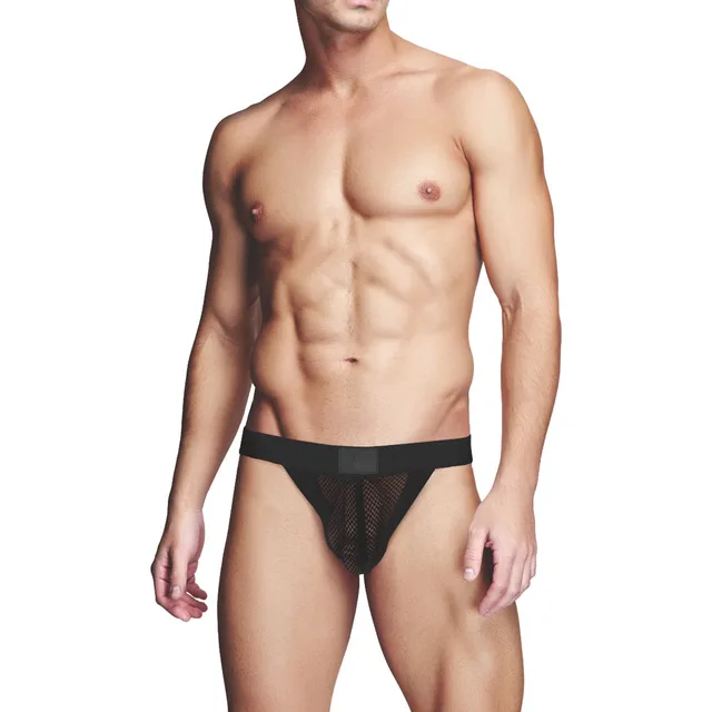 Front view of black Prowler RED fishnet jock strap XL