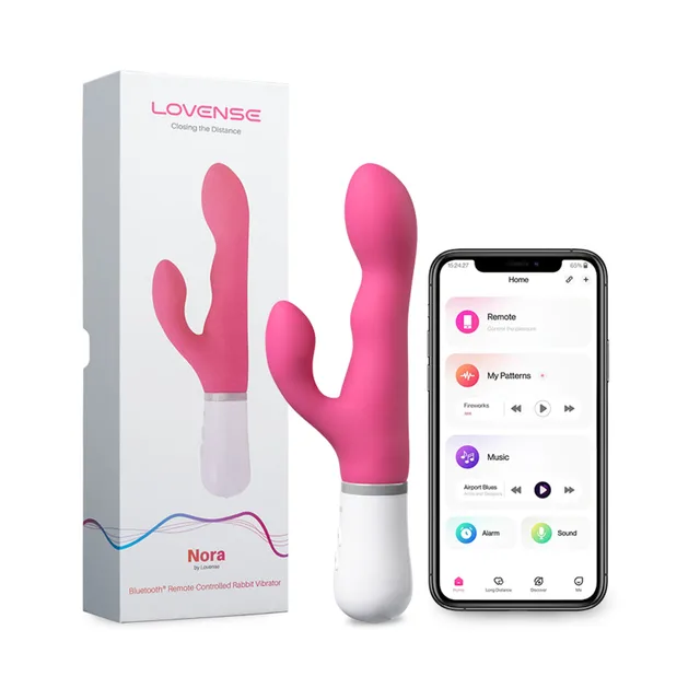 Pink Lovense Nora rabbit vibrator with white box and Remote app screen
