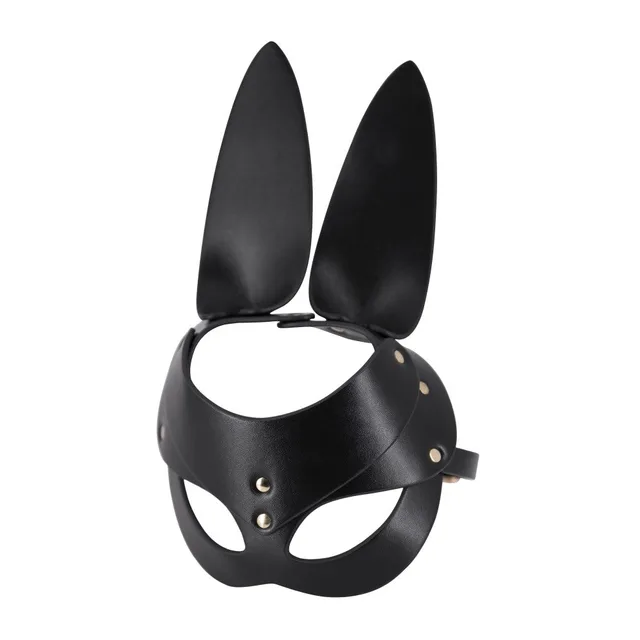 Front view of black leather bunny mask with tall ears