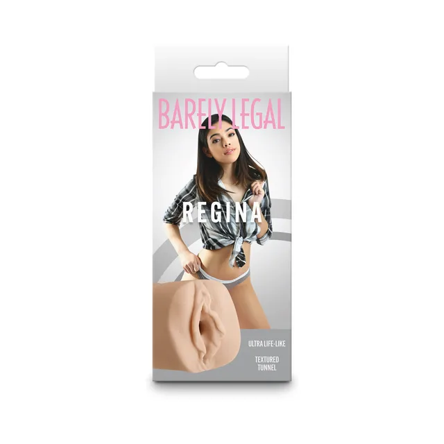 Barely Legal Regina beige stroker pictured on tall gray portrait box