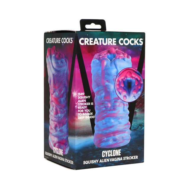 blue and pink Cyclone alien stroker with ridged cylindrical body on box