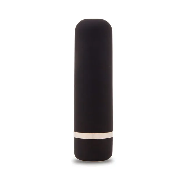 upright black Joie bullet vibrator with rounded top and silver accent band
