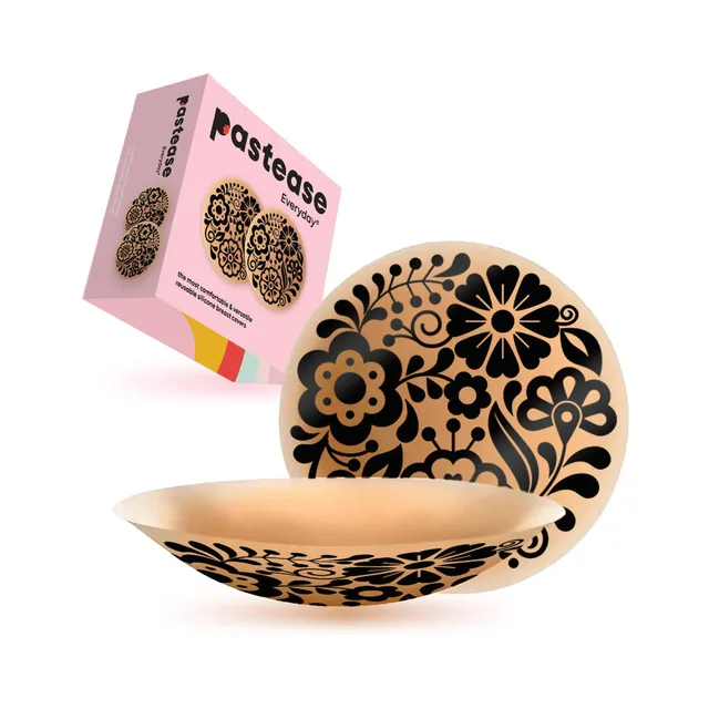 Pastease Halos large nude silicone covers with black floral and heart artwork