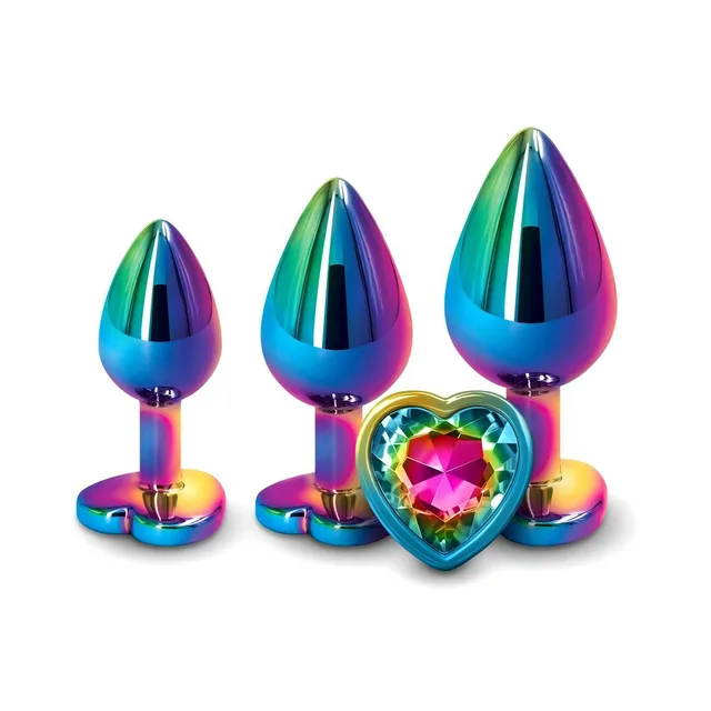 Three graduated rainbow metal plugs with heart-shaped jewel bases