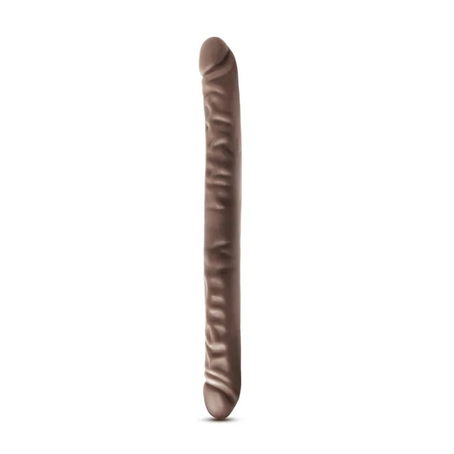 Blush Dr. Skin dark brown 18-inch double dildo upright front view with one rounded end at top