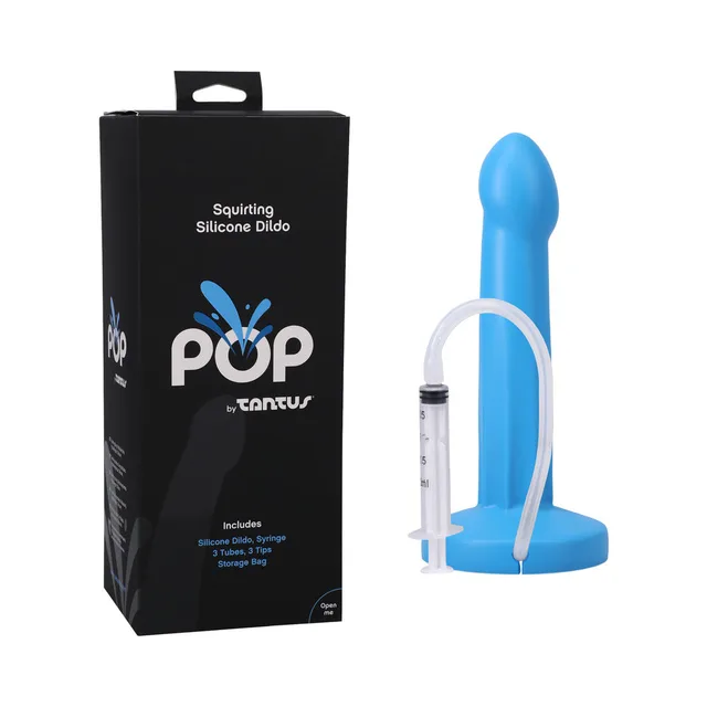 Tantus POP Lagoon blue dildo with syringe beside black retail box