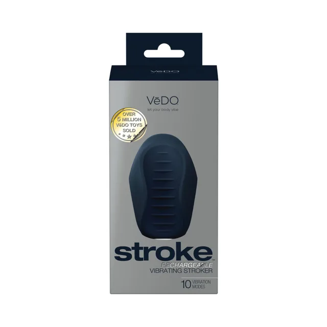 Black VeDO Stroke ribbed vibrating stroker in gray package