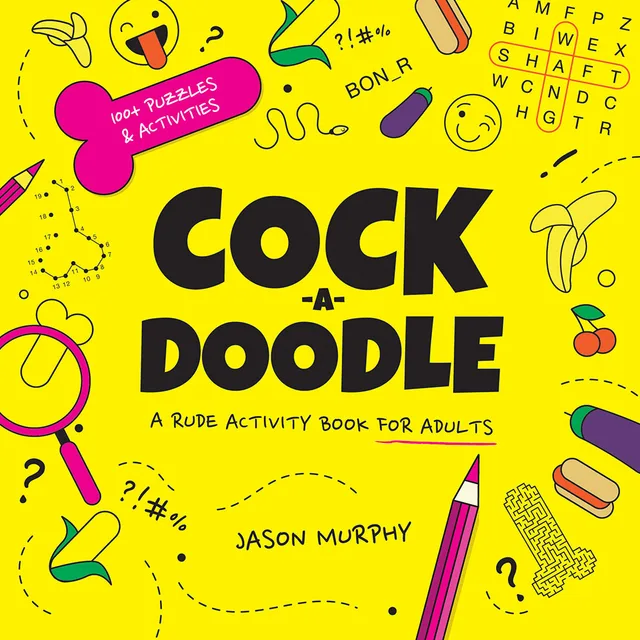 yellow Cock-a-Doodle adult activity book cover with colorful puzzle icons