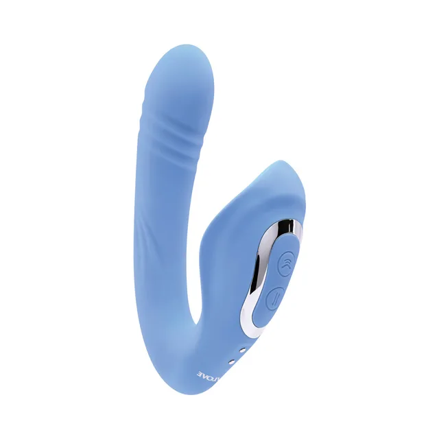 Side view of blue Tap & Thrust with long shaft and curved arm