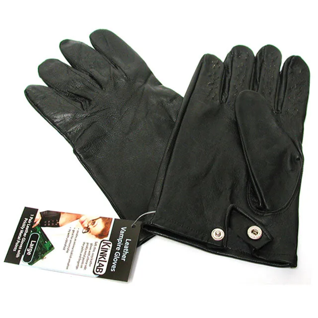 medium black Stockroom Leather Vampire Gloves showing studded palms and snap-tab cuffs