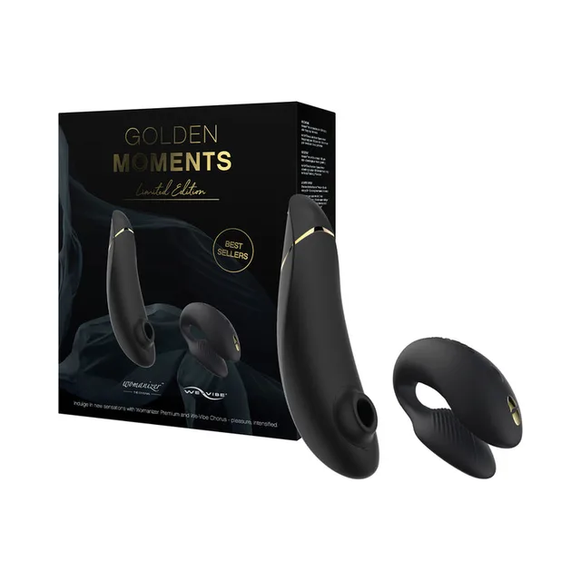 black We-Vibe Golden Moments 2 devices beside black and gold retail box