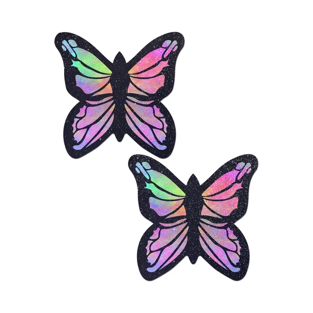 pair of rainbow twinkle butterfly full breast covers with black wing outlines