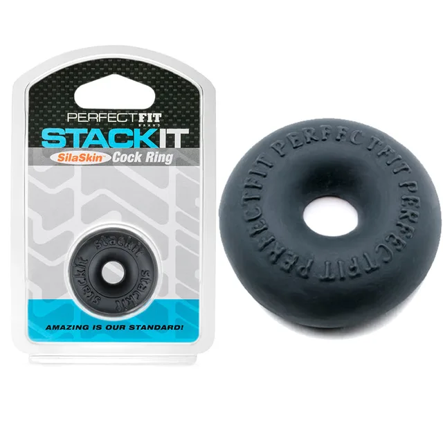 Perfect Fit Stackit Black TPE Ring white hanging card beside black donut-shaped ring