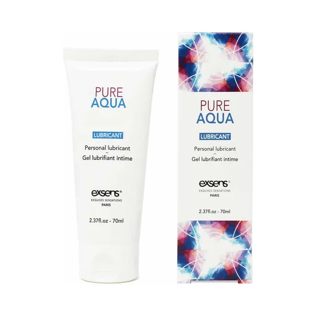 white Exsens Pure Aqua 2.4 oz lubricant tube beside blue patterned carton