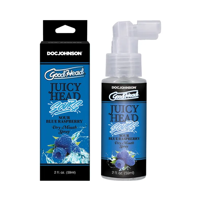 GoodHead Juicy Head Sour Blue Raspberry 2 oz pump bottle beside black box
