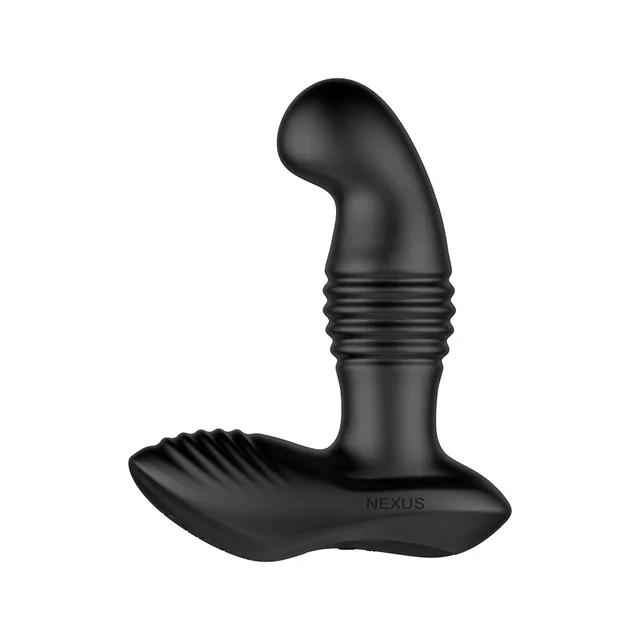 angled side view of black Nexus Thrust massager with curved shaft