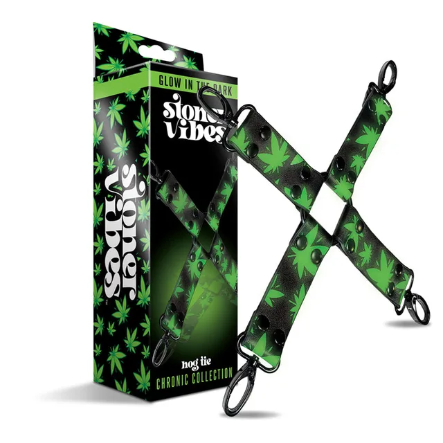 Stoner Vibes X-shaped cannabis hogtie connector beside retail box