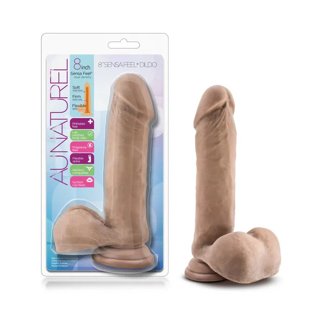 Au Naturel Tan 8 Inch Dildo beside blue white retail blister