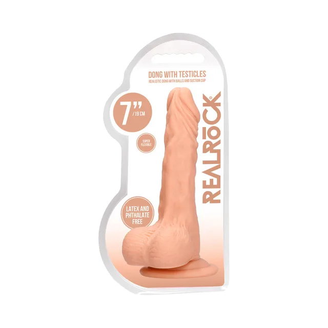 Beige RealRock seven-inch balls dildo in clear retail pack