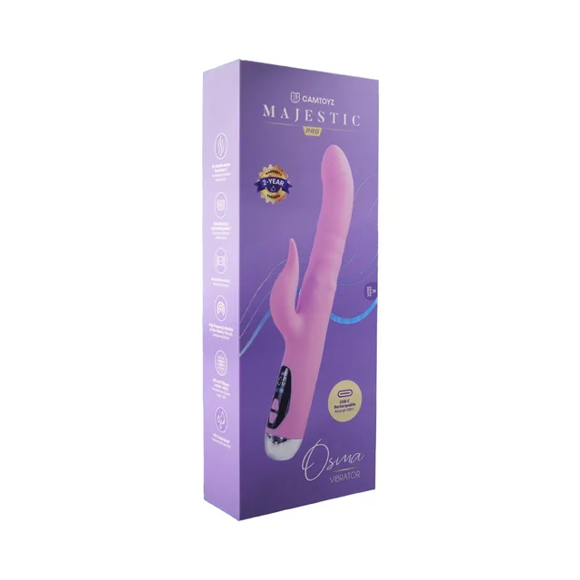Camtoyz Osma magenta USB-C rabbit vibrator beside tall purple retail box
