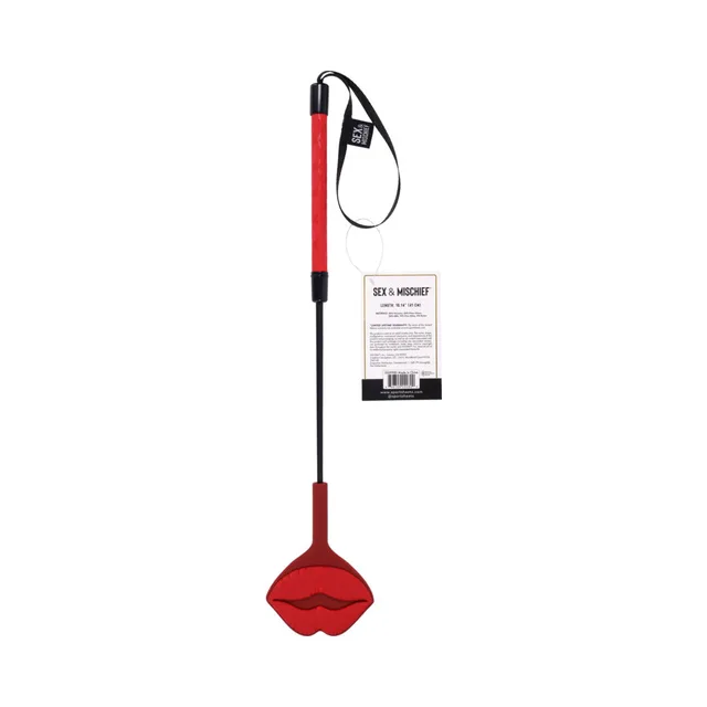Reverse vertical view of red lip-tip crop with hanging product tag