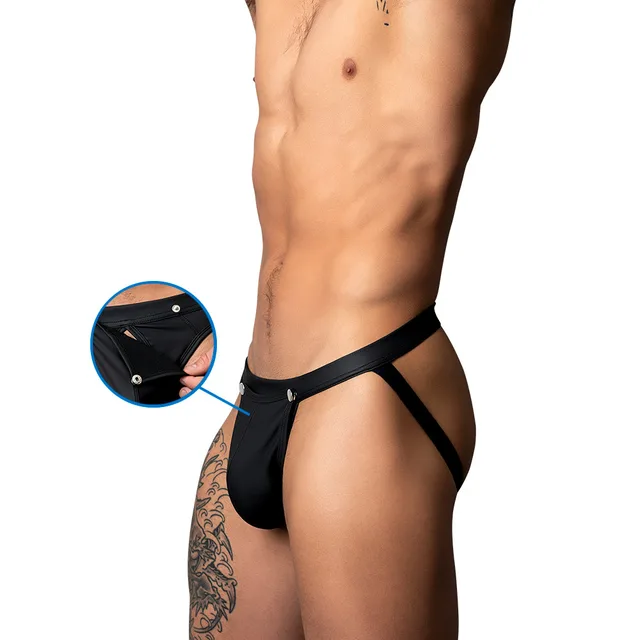 Male Power Oh Snap L/XL black jock side snap detail worn by model