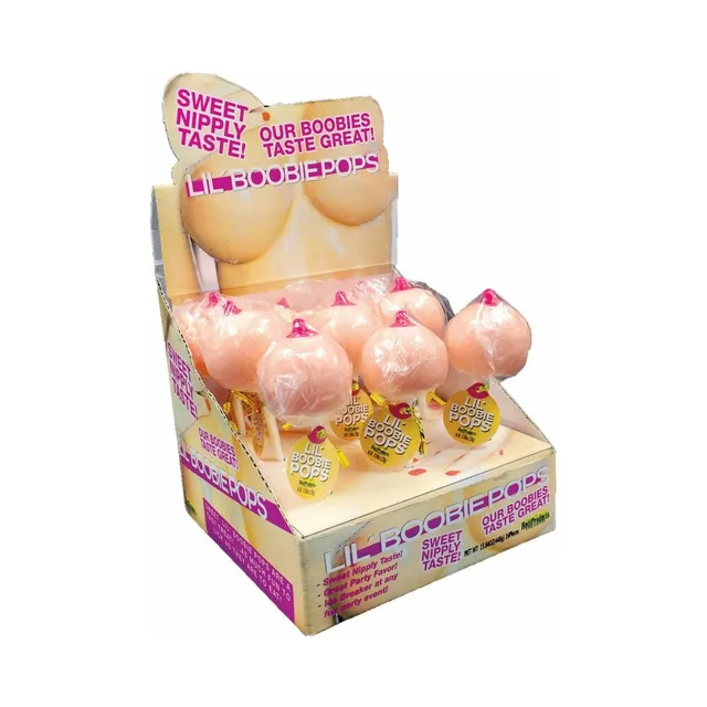 Hott Products Lil Boobie Pops 9 Piece Display countertop tray with nine carded candy lollipops