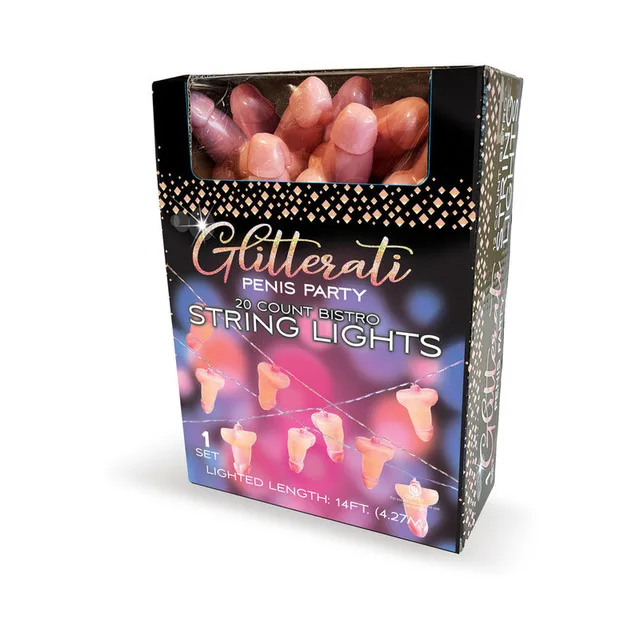black Glitterati box displaying a strand of ivory penis-shaped party lights
