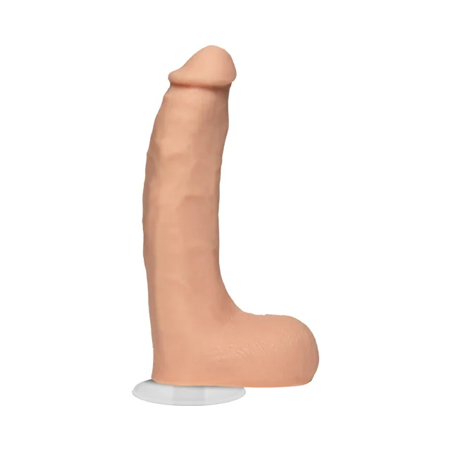 Side view of vanilla Chad White dildo on clear suction cup