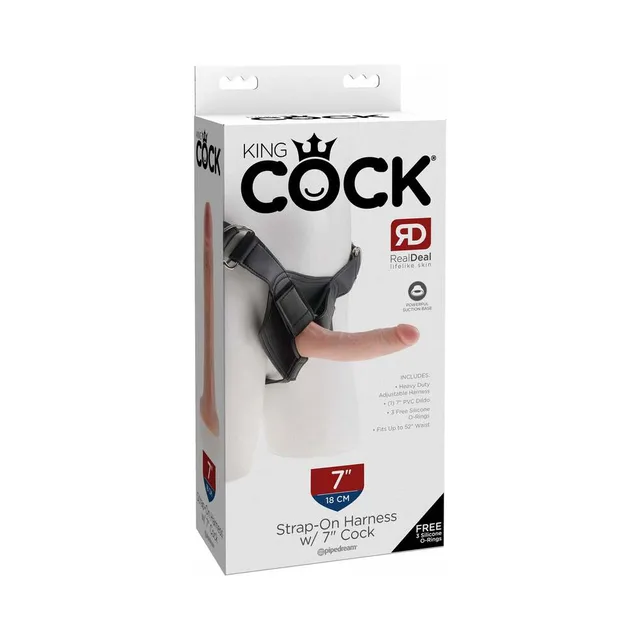 King Cock 7-Inch Harness Set retail box with black harness and beige dildo