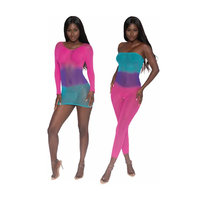 Dreamgirl reversible neon-rainbow mesh bodystocking two front styling options together