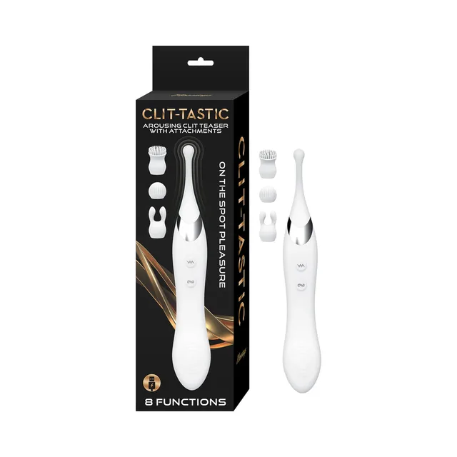 White dual-ended Clit-Tastic teaser with four attachments and box