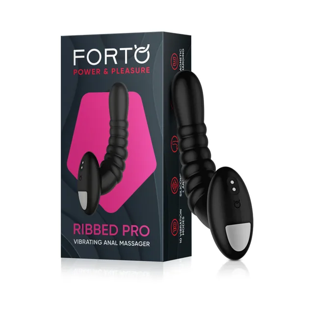 Forto Ribbed Pro black massager beside retail box