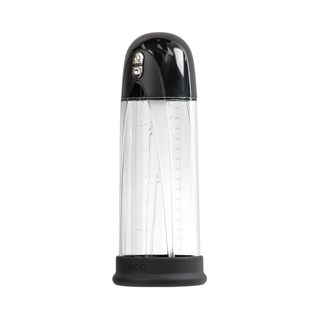 Front view of clear graduated VeDO pump with black base