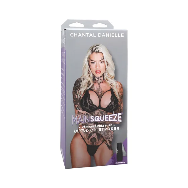 Chantal Danielle Main Squeeze ULTRASKYN stroker retail box with purple accents