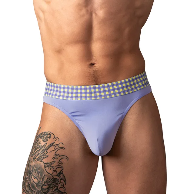 Male Power So Cumfy purple gingham thong size S/M front view worn with a solid pouch and gingham waistband