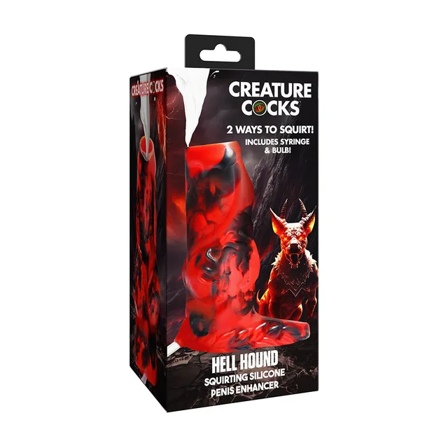 Creature Cocks Hell Hound red silicone enhancer in fiery black retail box
