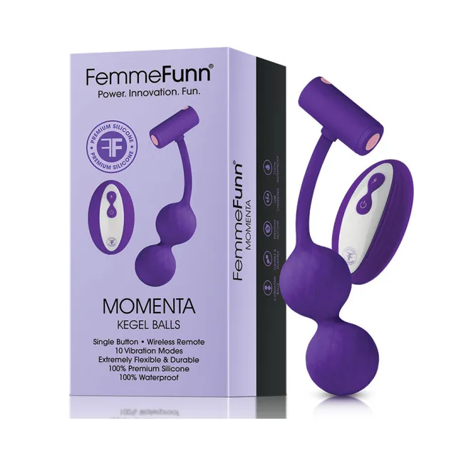 FemmeFunn Momenta purple Kegel balls, remote and purple-and-white retail box