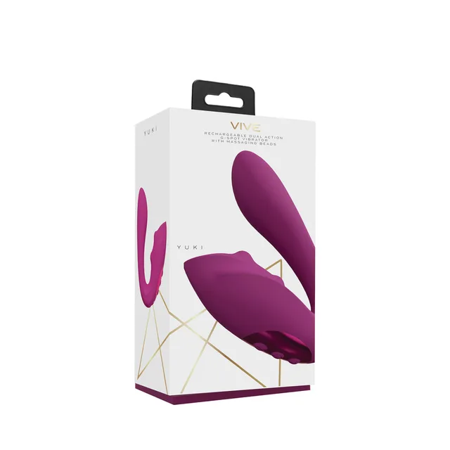 white VIVE YUKI retail box with magenta vibrator illustrations and gold line pattern
