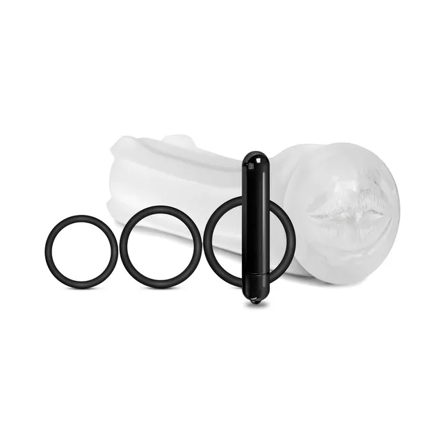 Clear mouth-opening sleeve beside black bullet and three rings