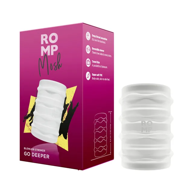 ROMP Mosh clear stroker sleeve beside pink retail box