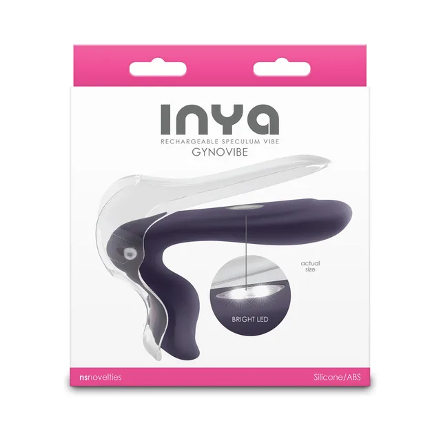 INYA Gyno Vibe gray hinged speculum vibrator with LED pictured on box